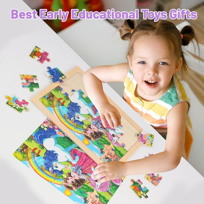 Puzzles for Kids Ages 4-6, 4-Pack 24-Piece Wooden Kids Puzzles | Unicorn, Mermaid & Princess Themes | Educational Puzzles for Kids Ages 3-5, Age-Appropriate Learning Toys, Ages 3+