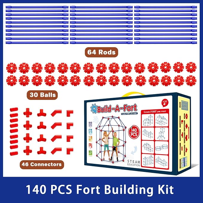 V-Opitos Fort Building Kits for Kids, 140 PCS STEM Construction Toys, Christmas, Birthday Gifts for 4, 5, 6, 7, 8, 9, 10, 11, 12 Years Old Boys & Girls, Indoor & Outdoor Play Tent Activity