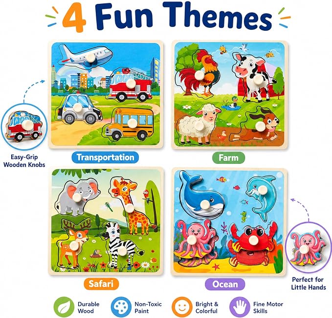 Wooden Peg Puzzle Set for Toddlers, 4 Pack Animal Vehicle Ocean Farm Puzzles, Montessori Wooden Puzzles for Ages 2-4, Preschool Learning Toys for Fine Motor Skills, Gifts for Boys Girls 1 2 3 4