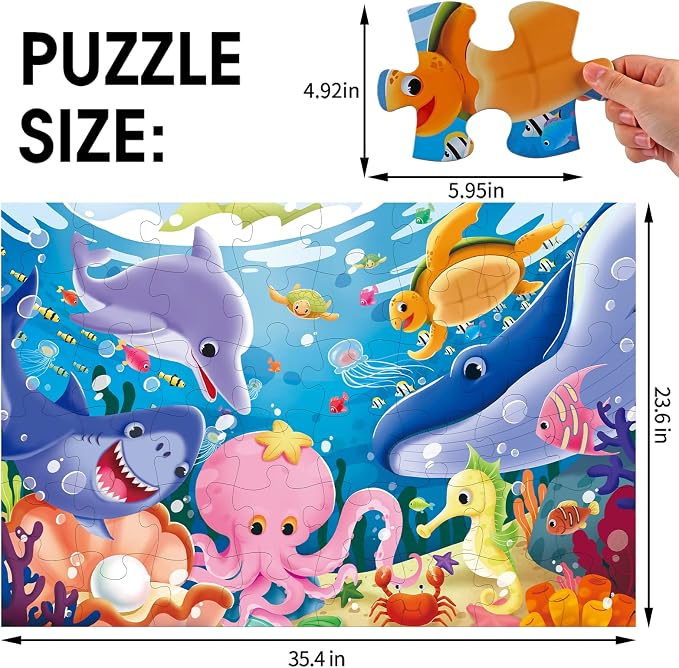 Jumbo Floor Puzzle for Kids,48 Piece Underwater Jigsaw Puzzle Ages 3-8 | Underwater Animal Puzzle,Extra-thick Cardboard,Preschool Learning Toy,35x24 in Completed,Educational Gift for Boys and Girls