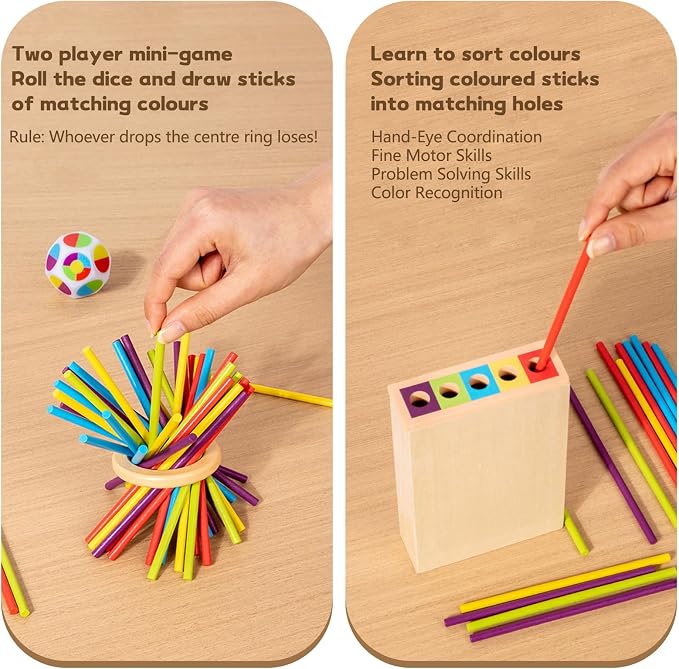 Montessori Toys for 3 Year Old, Fine Motor Skills Pick Up Sticks Ball Drop | Stacking Game, 40 Colorful Sticks & Dice, Educational Math Games, Interactive Family Game Night Gift for Kids 4 5 6 7 8