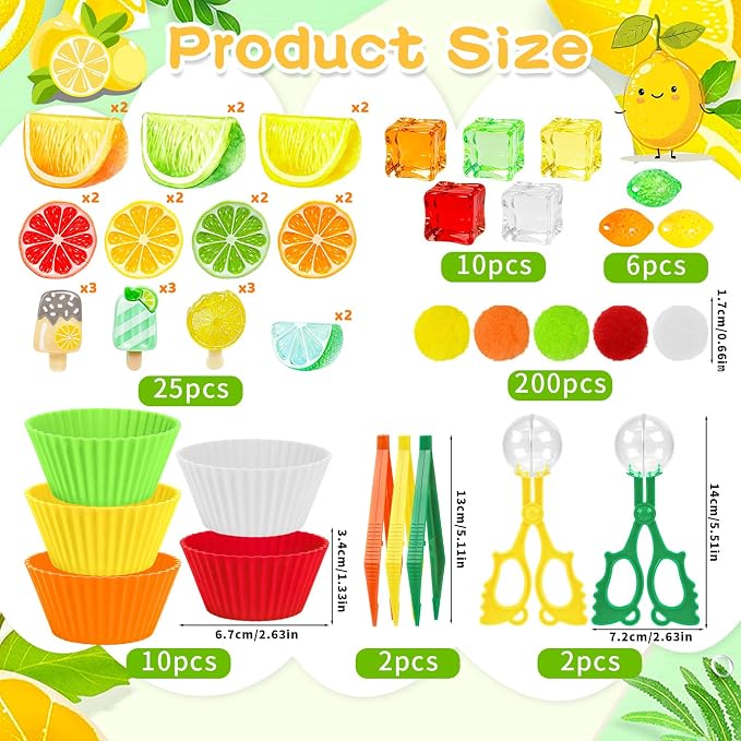 255PCS Lemon Sensory Bin Filler Summer Lemon Fine Motor Sensory Bin Items Includes Pom Poms Lemon Slices Fake Cubes Counts Resin for Spring Summer Counting Sorting Training