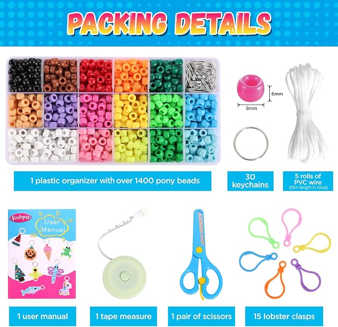 Beads for Crafts, Pony Beads Keychain Making Kit, Bead Pets for Kids Girls | Funtopia Bracelet Making kit Beaded Animal Set Birthday Party DIY Art Crafts for Girls Boys Beginners(1500 Bead, 30 Designs)