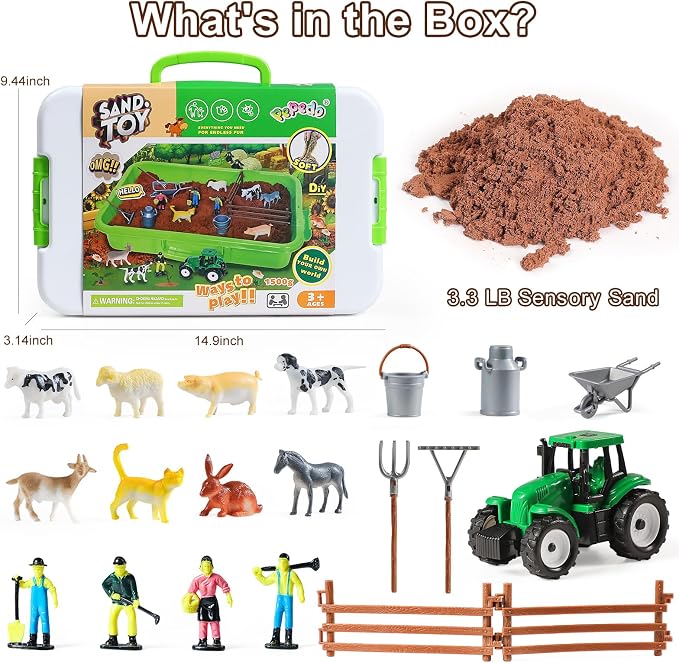 Farm Sensory Bin, 3.3lbs Magic Sand, Farm Play Sand Kit Toy for Kids | Farm Sensory Sand Kit with 8 Farm Animals, 4 Farmers, Fence, Toy Truck, Tools, Birthday Gift for Boys Girls Ages 3+