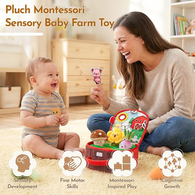 Baby Toys 6-12 Months, Farm Vegetable Garden Plush Toy with Animal Finger Puppets, 6 Month Old Montessori Sensory Toys with Rattles, Squeaker, Textures, Teether, Birthday Boy Girl Gifts