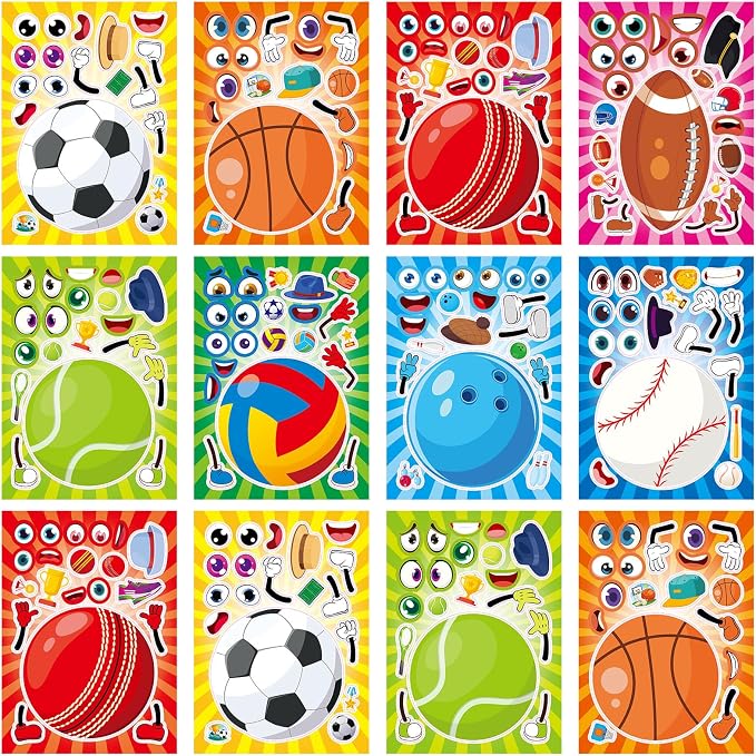 24 Sheets Make a Face Sport Ball Stickers for Kids Party Favors | Make Your Own Sport Stickers Birthday Decorations Supplies, Toddlers Crafts Activities Gifts Goodie Bags Stuffers