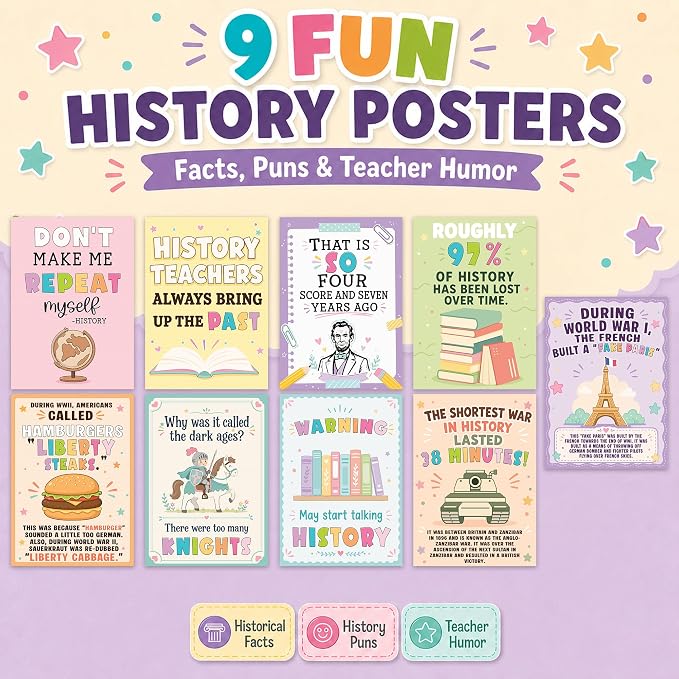 Funny History Posters Set of 9, History Classroom Decor, 10x14 Inch | history classroom decor social studies classroom decorations history posters social studies posters history posters