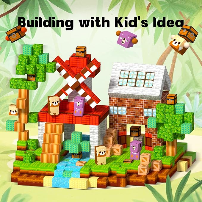 150 PCS Magnetic Building Blocks Toys-Magnet Cubes Green Forest Set Creative Stacking Titles for Kids STEM Montessori Learning Birthday Gifts for Toddler Age 3+ Years Old Boys and Girls