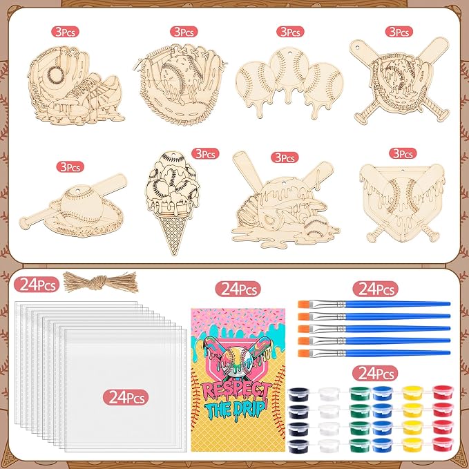 Saypacck 24 Pcs Ice Cream Drip Baseball Party Favors Wooden Paint Craft Kit | Birthday Party Supplies with Paint Brushes, Wooden Craft for Goodie Bag Fillers, Thank You Gifts with Organza Bags