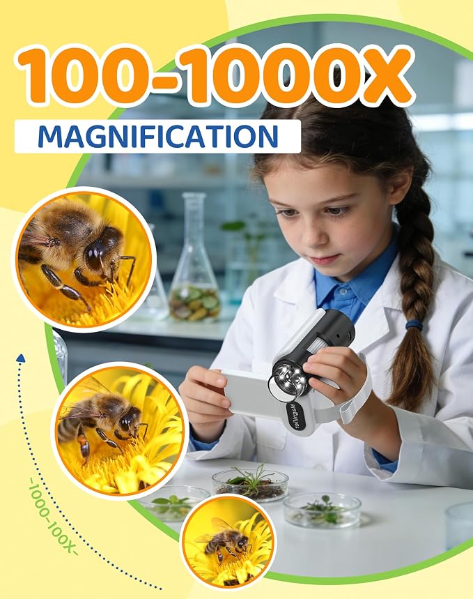 1000X Microscope for Kids 8-12, 4K HD Screen with 6 LED Lights, Portable Microscope for Outdoor STEM Learning, Rechargeable Science Kit, Birthday Easter Gifts for Kids