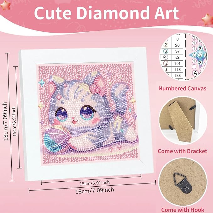 Gemozaic Cat Diamond Art Kits for Kids Ages 8-12 with Frame, 7 x 7 Inch | Cute Kitten Diamond Art for Kids 10 Year Old, DIY Easy Kid Big Gem Painting, Animal Arts and Crafts for Girl Birthday Gift