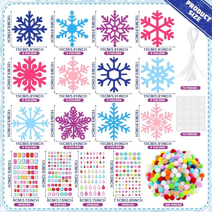 Jetec 72 Set Holiday Snowflake Craft Kit, Felt DIY Winter,Assorted Color | Holiday Arts and Crafts for Boys Girls, Colorful Felt Poms, Self-Adhesive Gem Stickers, Winter Party Ornament DIY