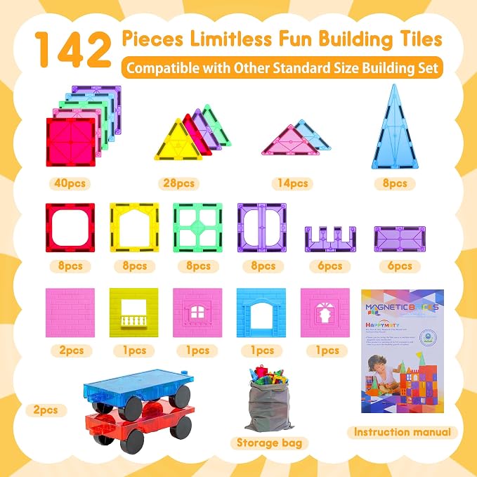Antibacterial Magnetic Tiles 142PCS with 2 Cars, Built-in Antibacterial Protection, Inhibits Bacterial Growth for Healthier Play, STEM Educational Building Blocks for Kids Aged 3+