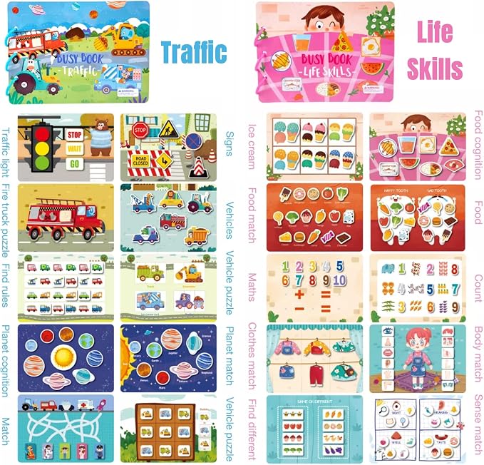4 Pack DIY Montessori Busy Book, Montessori Quiet Book for Kids, Vehicle Life Skill Farm Dinosaur Preschool Learning Activities Learning & Education Toys