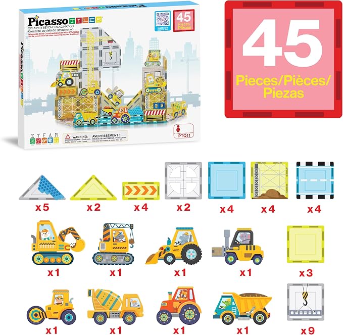 PicassoTiles Magnet Tiles Magnetic Building Blocks with 8 Construction Vehicles Crank Truck Excavator Bulldozer Road Roller Concrete Mixer Tractor Dump Truck Forklift Toys Learning Kids Ages 3+ PTQ11 | 8 trucks, crane, excavator, bulldozer, dump, road ...