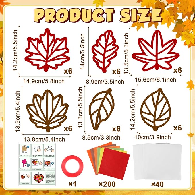 Qyeahkj 36 Set Fall Maple Leaves Suncatchers Crafts for DIY Autumn Window Tissue Paper Crafts Kit Thanksgiving Maple Hanging Decor for Fall Home Activity Art Project Birthday Party Favor Gift