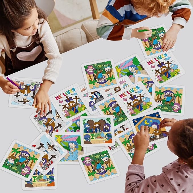 Cinrobiye 24 Pcs Christian Easter Coloring Jigsaw Craft Kit for Kids, DIY He is Risen Activity Set with 8 Designs, Religious Party Favors, Sunday School Classroom Art Projects