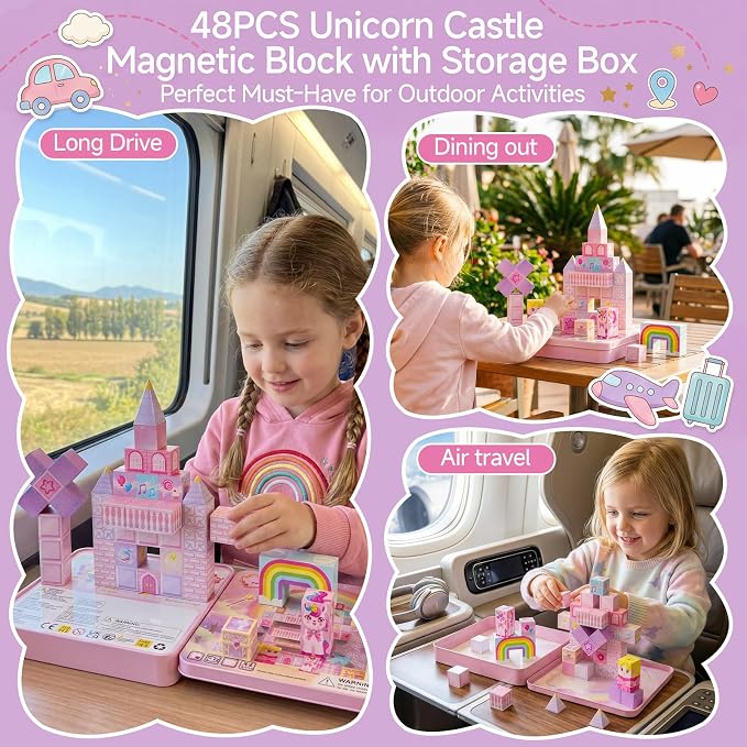 burgkidz Magnetic Blocks Girls Travel: Unicorn Patent Pending Cones & Wands | 48PCS, Ultra-Lightweight 12.5Oz, N32 Magnets 35-45dB Quiet 45s Cleanup - Airplane Car Activities Ages 3-8
