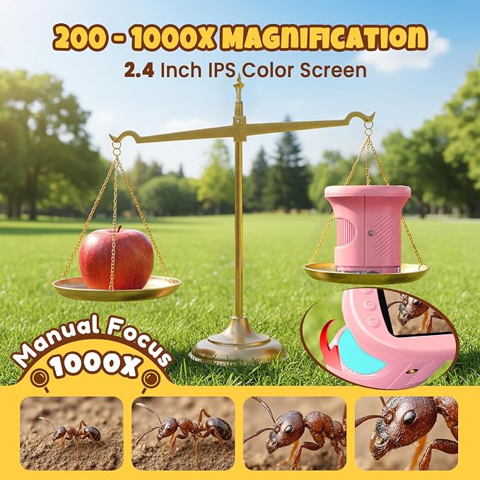Handheld Digital Mini Microscope for Kids: 1000X 4K 2.4" Microscopes Toys | Portable Pocket STEM Electronic Learning Educational Science Kit 8-12 Birthday Gift 4 5 6 7 Year Old Boy Girl