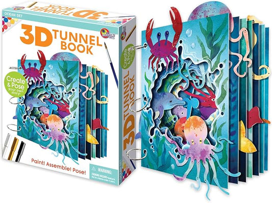 EyeConnect Crafts Ocean 3D Tunnel Book – Hands-on Stationery Craft Kit | Build, paint, create a unique pop-in book with 12 posable animals! Screen-free STEAM activity, gift. No tools/glue needed, 8+