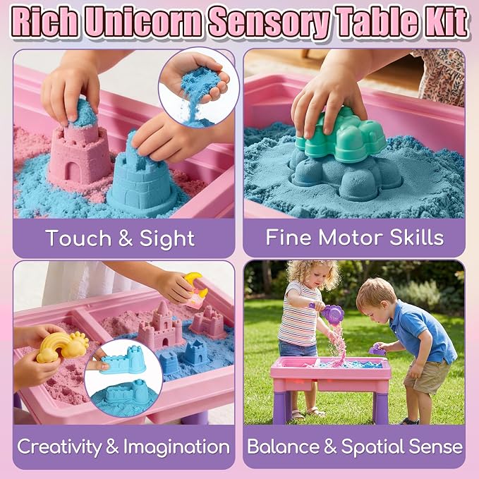 Lehoo Castle Unicorn Sensory Table with Sand 2.6Lbs, Sand Table with Lid | Sensory Activity Table with Adjustable Legs, Red & Blue Play Sand, Indoor & Outdoor Use, Preschool Learning Gifts for Toddler