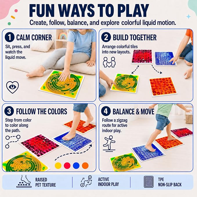 Sensory Floor Tiles for Daycare: 12" Textured Step-On Mats, 6 Pack | Colorful Liquid Flow and Tactile Patterns for Sensory Paths, Stepping Games, Balance Activities, and Gross Motor Play