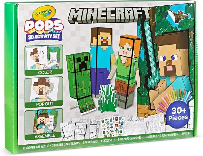 Crayola Minecraft POPs 3D Art Kit, Kids Screen Free Coloring Activity Craft | Minecraft Toys, Kids Coloring Activity Set with Markers & Stickers, Birthday or Holiday Gift for Boys & Girls, Ages 5+