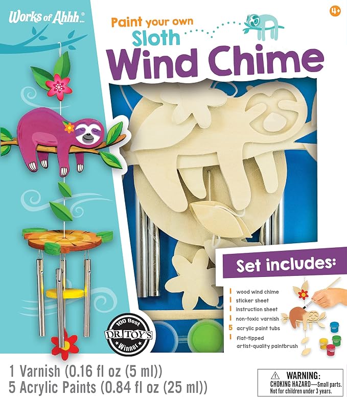 Sloth Wind Chime Craft Kit - Classic Wood Paint Set for Kids, Includes Real Wood, Paints & Instructions