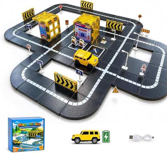100-Piece Magnetic Road Tiles Expansion Set,Includes Sensor-Guided Car that Follows Road Lines + Traffic Signs,Compatible with Most Major Magnetic Tile,STEM Building Toy for Kids Ages 4–12