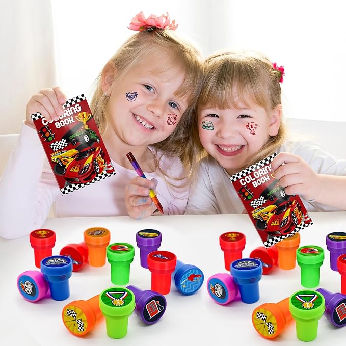 Cinrobiye 24 Pcs Race Car Stampers Party Favor Set, Cute Racing Car Stamps for Kids Birthday Party, Classroom Rewards, Carnival Prizes, Goody Bag Fillers, Racing Themed Party Supplies