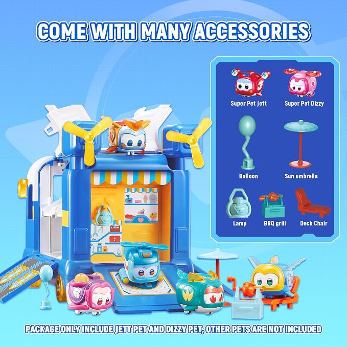 Super Wings Season 7 New Super Pets' Mini Base，Transforming Playset from Bus to Aircraft, with Super Pet Jett & Dizzy, Role Play Toys for Kids, Gifts for Girls Boys Age 3+