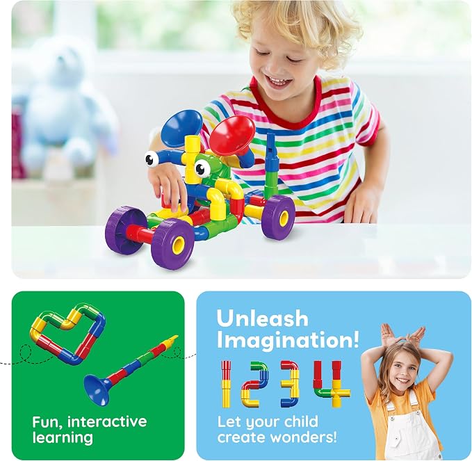 PicassoTiles PTT136 136pcs Tubular Pipes & Spout STEAM Interlocking Educational Building Block Set, Tube Locks, Pipeworks Construction Blocks w/Storage Container Box, Idea Book, Flute Musical Kit | 7 tube styles, easy-connect joints, idea guide, storag...