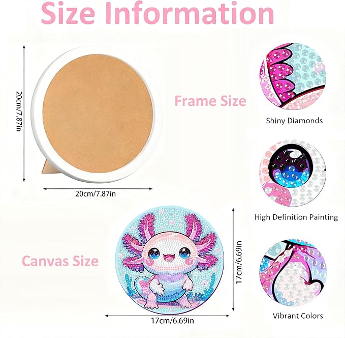 Gemozaic Axolotl Diamond Art Kits for Kids Ages 8-12, Round Frame, 8 x 8 in | Cute Animal Diamond Art for Kids 8 9 10 12 Year Old, Easy Kid Gem Painting, Amphibians Arts and Crafts for Girl Birthday Gift