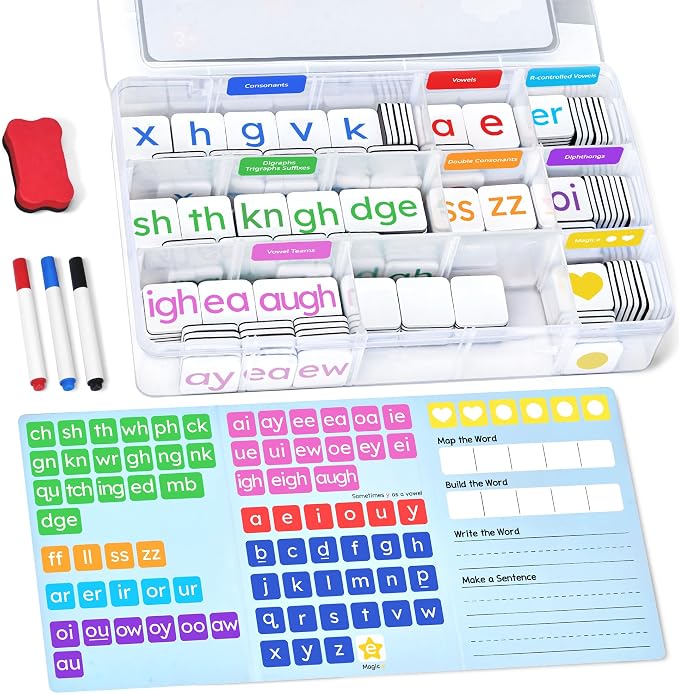 JoyCat 265 Phonics Magnetic Letter Tiles, ABC Word Building Kit with Folder | 265 phonics letter tiles with word-building folder help kids for preschool classrooms and homeschool learning.