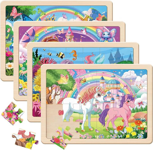 Puzzles for Kids Ages 4-6, 4x24 PCs Unicorn Princess Mermaid Wooden Puzzles | Unicorn Puzzles for Toddlers & Kids Ages 3-5, Preschool Educational Puzzles Toys, Birthday Gifts Set for Girls