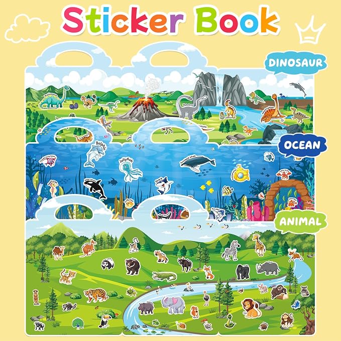 3 Sets of Reusable Jelly Stickers Books - Jelly Sticker Books for Kids - Airplane and Car Travel Toys Educational Gifts for Boys and Girls (Dinosaur+Ocean+Animal