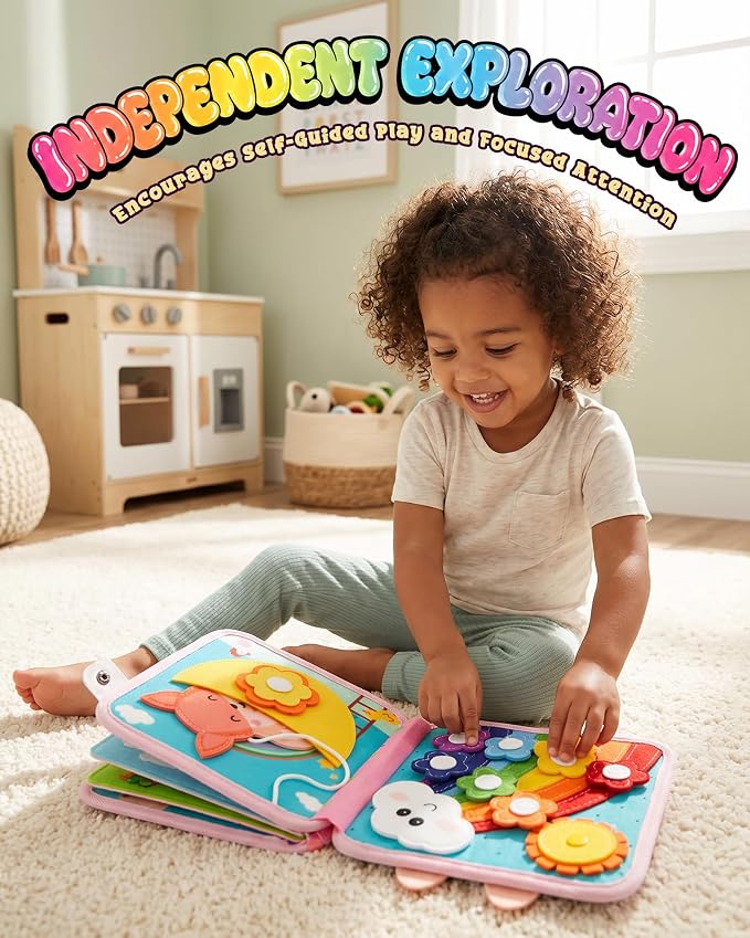 Montessori Busy Book for Toddlers, 8-Page Sensory Activity Book for Fine Motor Skills & Basic Dress Learning, Portable Travel Toy for Preschool Kids, Birthday Gift for Boys and Girls (Rabbit)