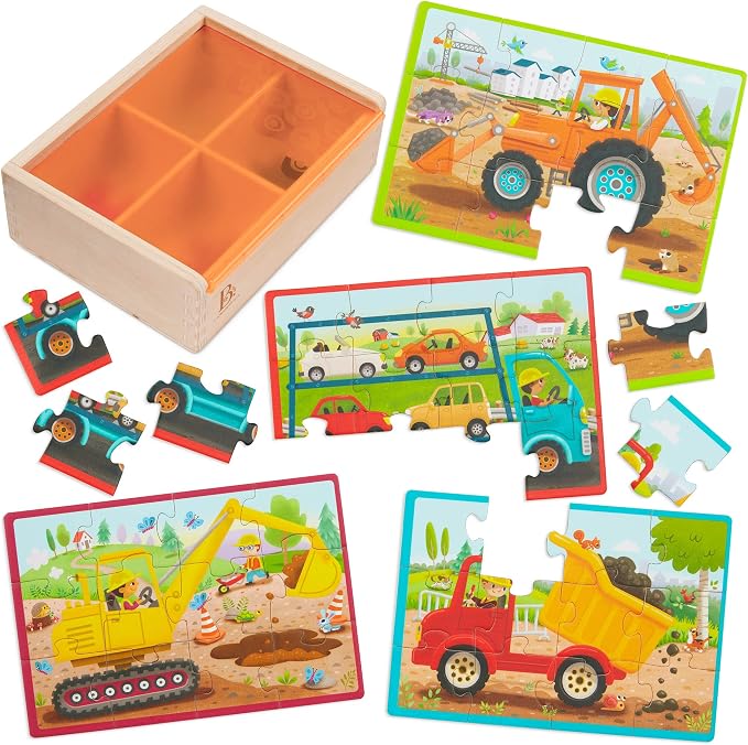 B. toys Wooden Puzzle Set, Pack o' Puzzles Trucks, 4 x 12 Pieces, Wood Toys | 4 truck-themed wooden with storage box, color-coded backs, easy-hold pieces, 48 puzzle pieces, Trucks, Wood Toys, 3+ Years