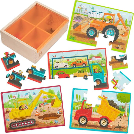 B. toys Wooden Puzzle Set, Pack o' Puzzles Trucks, 4 x 12 Pieces, Wood Toys | 4 truck-themed wooden with storage box, color-coded backs, easy-hold pieces, 48 puzzle pieces, Trucks, Wood Toys, 3+ Years