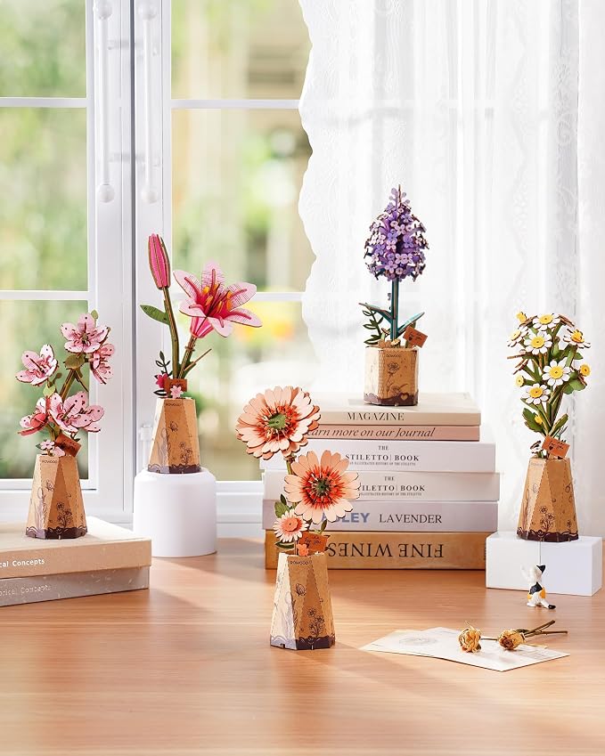 rowood 3D Puzzles for Adults,Mother's Day DIY Wooden Flower Building Set Craft Kits,Botanical Collection Home Decor, Teacher's Day/Christmas/Birthday Gift- Orange Gerbera Daisy