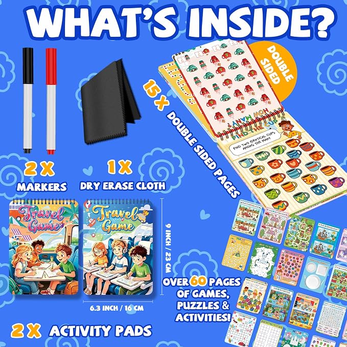 Elfew 2 Pack Reusable Wipe Clean Travel Game Activity Books for Kids 8-12 | 11 in 1 Types of Games, Reusable, PET Lamination, Spiral Binding, Portable, Designed for Travel, Tear Resistant,