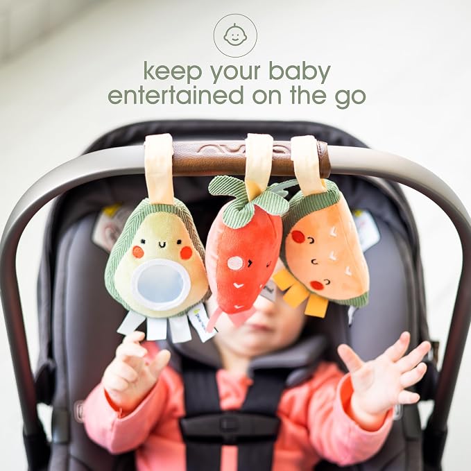 Pearhead Fruit Stroller Toys, Plush Hanging Baby Toy, Set of 3 | Strawberry Avocado Watermelon, Car Seat Attachments, Hanging Mirror, Newborn Gift, Easy-Grip Design, Tummy Time
