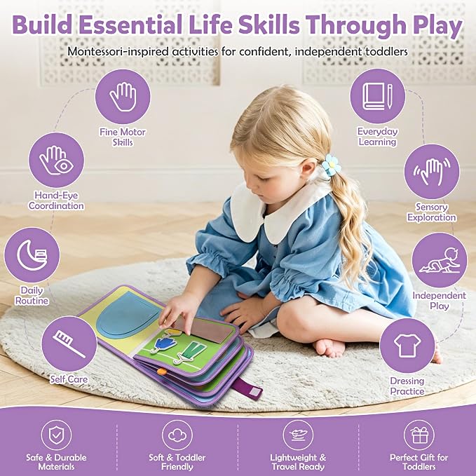 Busy Book for Toddlers 1-3,Montessori Daily Life Felt Activity Book | Practice dressing, eating, hand washing, brushing teeth, bath time and bedtime through 8 interactive felt activities.