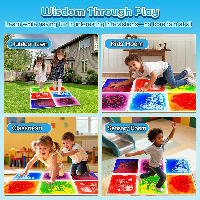 Toddler Sensory Liquid Floor Mats - 6-Piece Liquid Play Mat Pack 12" x 12" | Square Sensory Puzzle Mats for Autism, Lava Brick Dance Step Mats, Montessori Gross Motion Toys for Preschool Classrooms