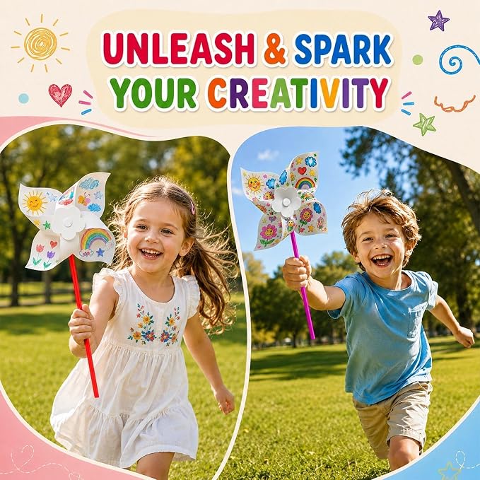 LINBLIF 30 Pack DIY Pinwheels Craft Kit for Kids, Summer Paper Windmill | EASY ASSEMBLY: Blank paper pinwheels for kids to draw, paint & craft. Perfect for camp, classroom, and party favors