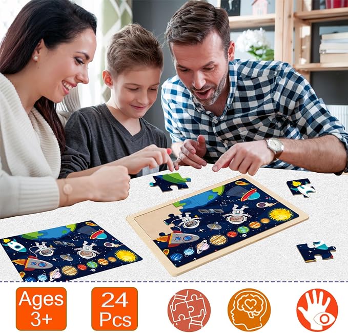 Wooden Puzzles Dinosaur Toys for Kids Ages 3-5, 4 Pack 24 Pieces | Wooden Jigsaw Puzzles Preschool Educational Learning Toys Gifts for 3 4 5 6 Year Old Boys and Girls