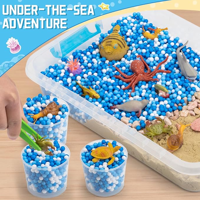 Ocean & Sand Sensory Bin with Lid, 42 Pcs Sea Animals Kit Preschool Tool | Developmental Birthday Gifts Boys Girls and Kids, Learning Activities Box, Outdoor Sandbox Toys for Toddlers