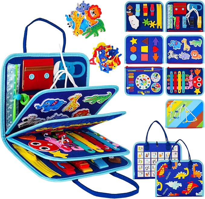 Montessori Busy Board for Toddlers – Sensory Busy Book with Buckles, Zippers, Letters, Animals, Toddler Activities – Fine Motor Skills Development Learning for Boys Girls Travel Activity