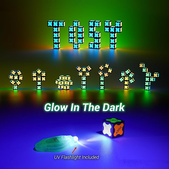 TOSY Magnet Cube 2x2 - 8 Blocks, 2 in 1 Toy: 2x2x2 Puzzle Cube and Customizable Infinity Cube, Glowing, UV Flashlight, Fidget/Sensory/STEM/STEAM Magnet Tiles Birthday Gift for Kids/Teens/Adults