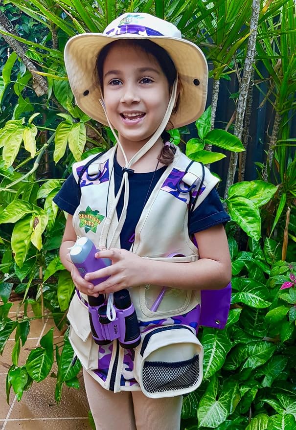 Purple Adventure Kidz Outdoor Exploration Kit | Children's Binoculars with Case, Flashlight, Compass, Fox Whistle, Magnifying Glass, Backpack